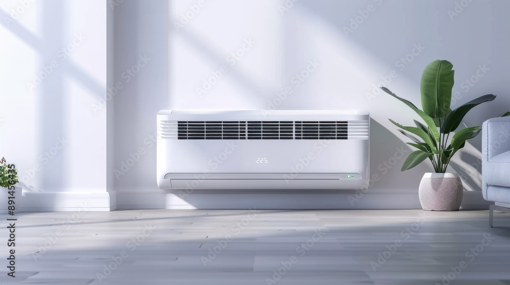Modern living room interior with an air conditioner and sofa against a white wall, with plant pots, conveying a concept of summer home comfort. 3D rendered illustration of a modern air conditioning. Modern living room interior with an air conditioner and sofa against a white wall, with plant pots, conveying a concept of summer home comfort. 3D rendered illustration of a modern air conditioning.