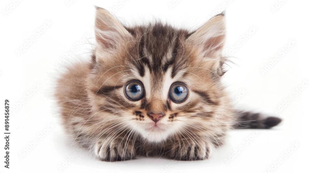 Fototapeta premium High-resolution portrait of a cute kitten with big eyes and fluffy fur, isolated on white background