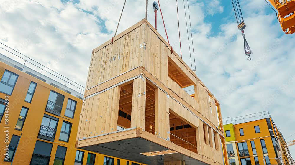 A Wooden Building Module Raised by a Crane and Placed into the Framework, Modular Construction, Building Assembly, Crane Operation, Prefabricated Housing, Construction Site, Modern Building Techniques A Wooden Building Module Raised by a Crane and Placed into the Framework, Modular Construction, Building Assembly, Crane Operation, Prefabricated Housing, Construction Site, Modern Building Techniques