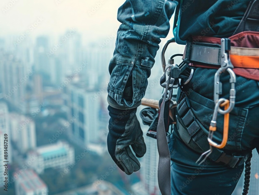 Close-up of a human hand operating a sophisticated exoskeleton suit, assisting in lifting heavy construction materials, urban skyline in the background Close-up of a human hand operating a sophisticated exoskeleton suit, assisting in lifting heavy construction materials, urban skyline in the background