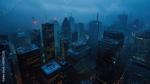 Aerial view of a foggy cityscape at dusk with illuminated office buildings and skyscrapers, creating a mysterious and dramatic urban atmosphere.