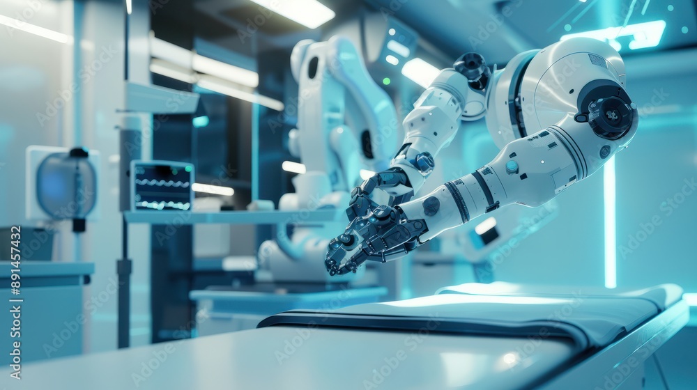 Robotic surgery technology: A high-tech robotic arm performing surgery in a modern clinic, symbolizing advanced medical treatments and technology Robotic surgery technology: A high-tech robotic arm performing surgery in a modern clinic, symbolizing advanced medical treatments and technology