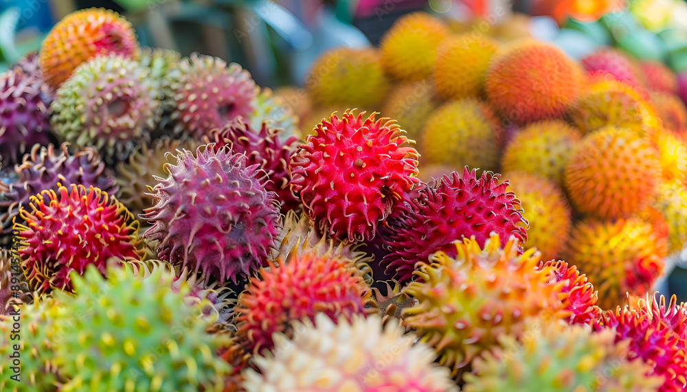 Asian exotic fruits. Market stall with variety of organic fruits. Colorful fruits in the marketplace. Bright summer background. Healthy, organic food. Natural nutrition for diet. Fresh rambutan fruit Asian exotic fruits. Market stall with variety of organic fruits. Colorful fruits in the marketplace. Bright summer background. Healthy, organic food. Natural nutrition for diet. Fresh rambutan fruit