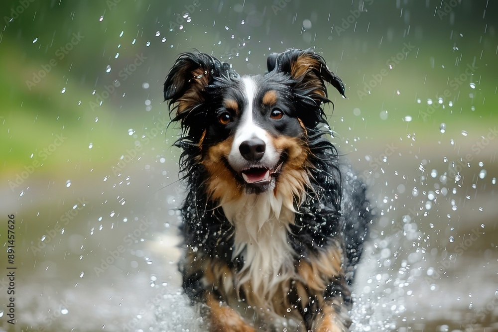 Fototapeta premium Happy dog running through water with a joyful expression, splashing droplets around on a bright, lively day.