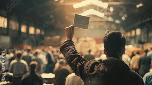 A person at an auction with an empty wallet, foreclosure notices in hand, and bidders raising paddles photo