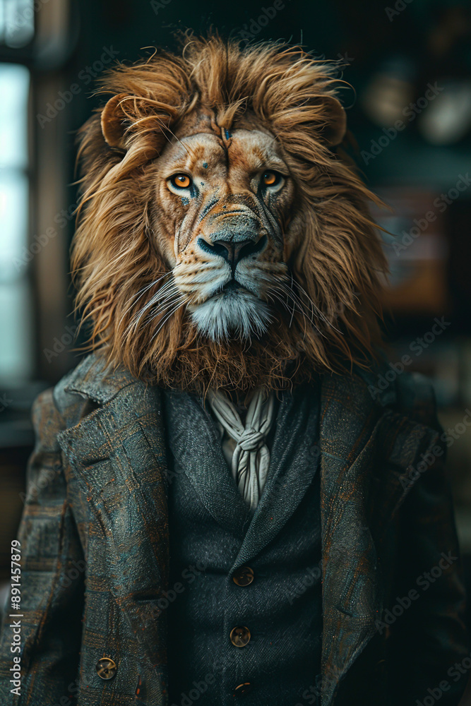 Majestic Lion in Business Attire in Modern Office Setting Majestic Lion in Business Attire in Modern Office Setting
