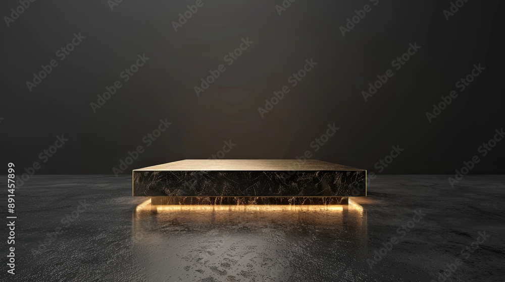 Fototapeta premium 3D Render, Abstract Minimalist Background of Steps, Golden Square Frame, Empty for Product Presentation, Illuminated with Bright Spotlight, Elegant Display, Modern Design, Showcase Platform, Luxurious