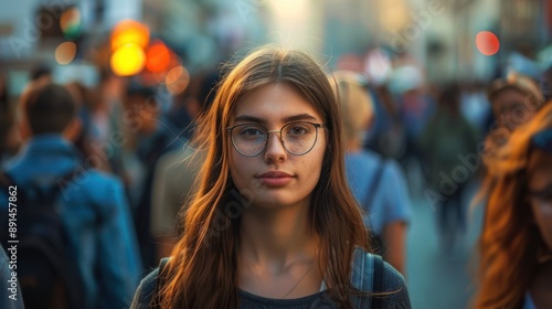 Young Woman in City Crowd