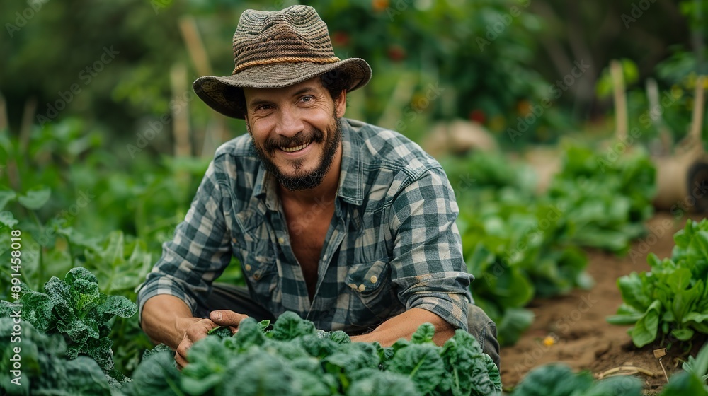 Happy farmer in Asia harvesting fresh vegetables in a lush green garden capturing the essence of traditional agriculture and rural life realistic photo, high resolution , Minimalism,