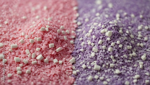 Assorted sugar sprinkles in pink, white, and lilac hues photo