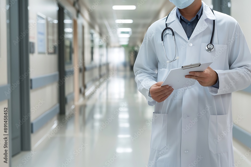 Clean, modern hospital corridor featuring doctor in white lab coat, holding clipboard, bright and professional environment Clean, modern hospital corridor featuring doctor in white lab coat, holding clipboard, bright and professional environment