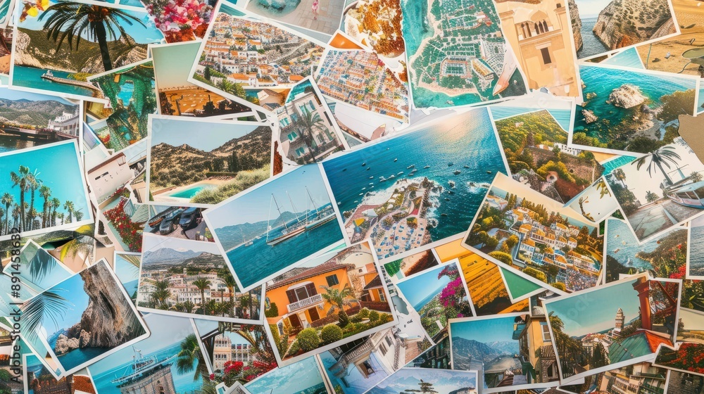 Top view of A collage of many photos. Lots of vacation travel photos. Top view of A collage of many photos. Lots of vacation travel photos.
