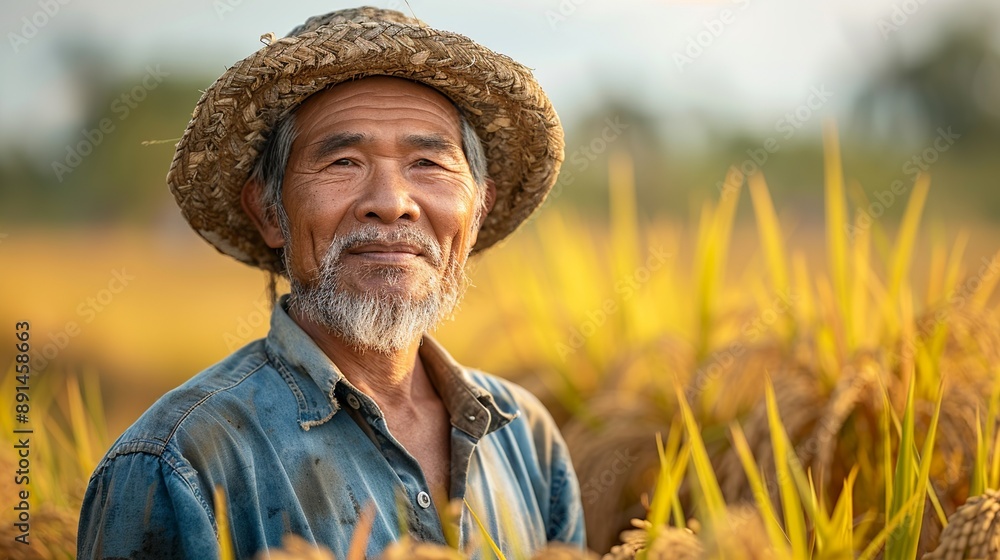 Fototapeta premium Happy rice farmer in Southeast Asia standing amidst golden rice plants ready for harvest capturing the culmination of months of hard work realistic photo, high resolution , Minimalism,