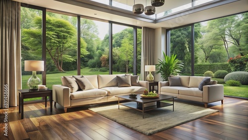 Cozy modern living room with dark hardwood floor, Cream-colored sofa, and large windows with lush green outdoor garden view.