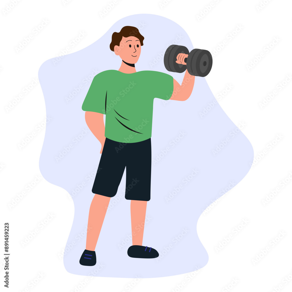 Young man with a dumbbell, boy doing sports. Vector illustration Young man with a dumbbell, boy doing sports. Vector illustration