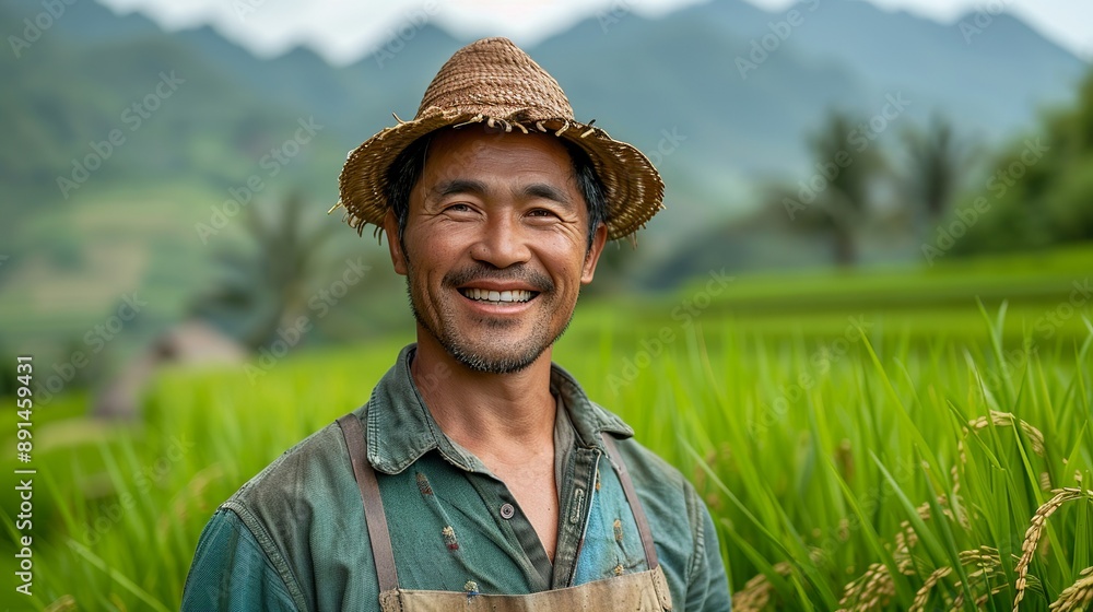 Foto de Picture of a smiling rice farmer in Asia standing amidst green ...
