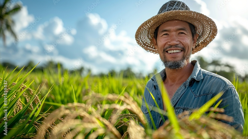 Foto de Picture of a smiling rice farmer in Asia standing amidst green ...
