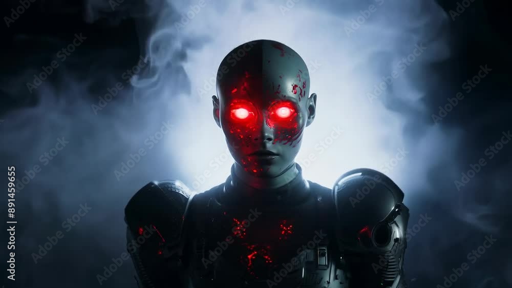 Menacing robot with glowing red eyes in the dark Menacing robot with glowing red eyes in the dark