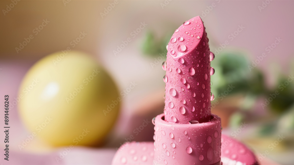 A close up of a pink lipstick with water droplets on it, AI A close up of a pink lipstick with water droplets on it, AI