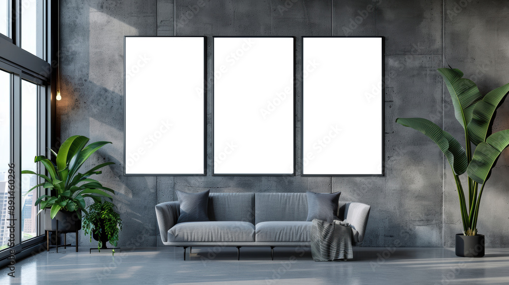 Triple Vertical digital Poster Mockup background in Sleek Modern Interior Triple Vertical digital Poster Mockup background in Sleek Modern Interior
