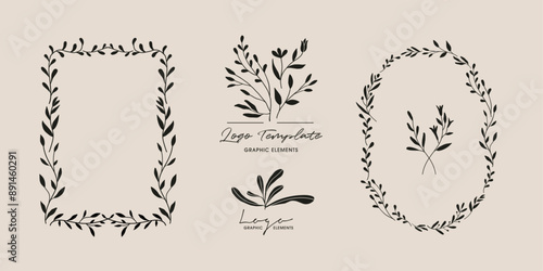 Set of flower wreath, frame. Antique style floral vector illustration