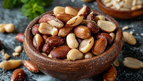 A mix of nuts like almonds, walnuts, and pecans in a wooden bowl.