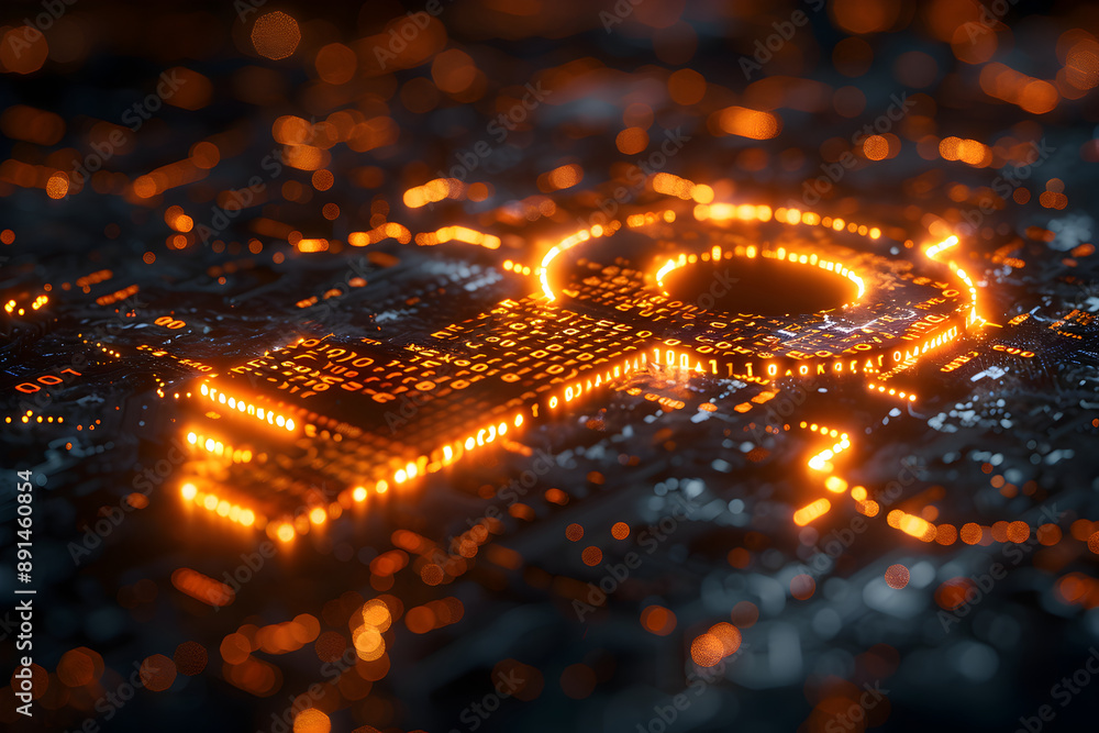 Luminous binary code key on dark technological background. Luminous binary code key on dark technological background.