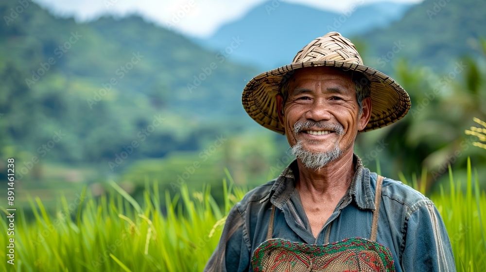 Fototapeta premium Picture of a smiling rice farmer in Asia standing in a lush paddy field with a backdrop of mountains showing the beauty of rice farming landscapes realistic photo, high resolution , Minimalism,