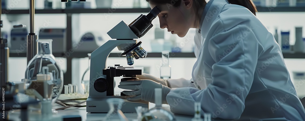 Close-up of a medical researcher using a microscope in a sophisticated lab, with organized tools and scientific samples around, Close-up of a medical researcher using a microscope in a sophisticated lab, with organized tools and scientific samples around,
