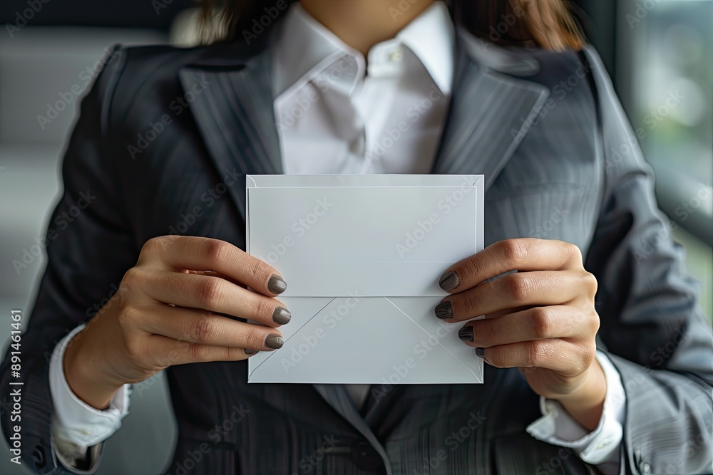 A woman is holding a white envelope in her hand. The envelope is empty and has no writing on it. The woman is wearing a suit and is standing in front of a window A woman is holding a white envelope in her hand. The envelope is empty and has no writing on it. The woman is wearing a suit and is standing in front of a window