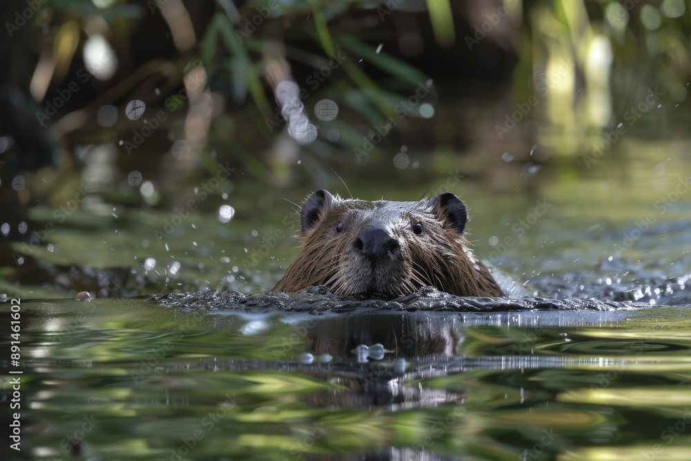 Curious beaver swimming in a river in the wilderness Curious beaver swimming in a river in the wilderness