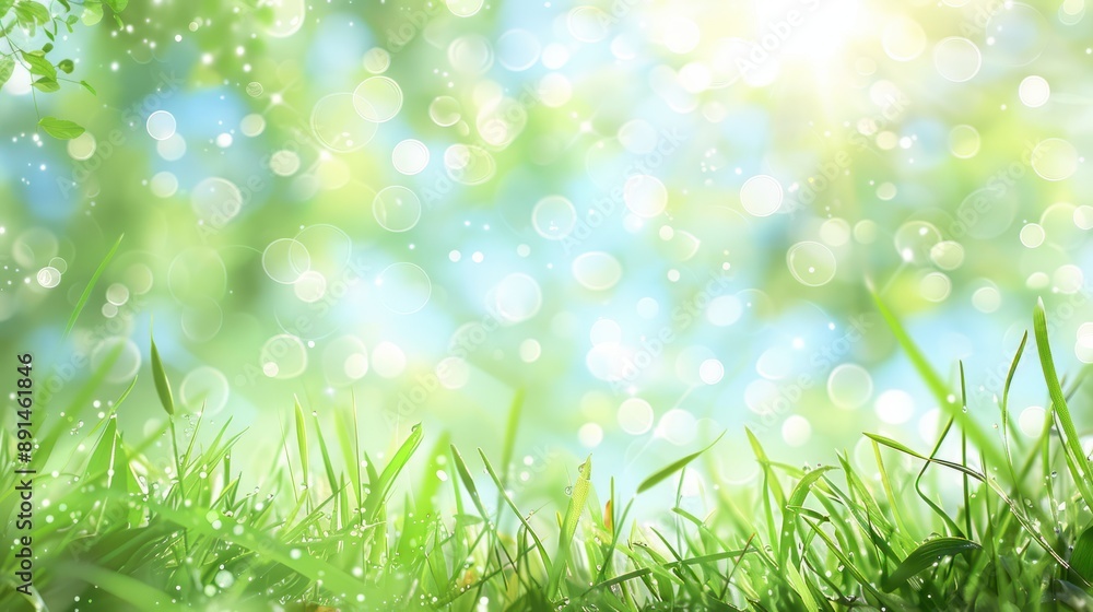 Obraz premium Abstract spring or summer background with fresh grass, Outdoor nature banner. Copy space, artistic image with a bokeh, illustration