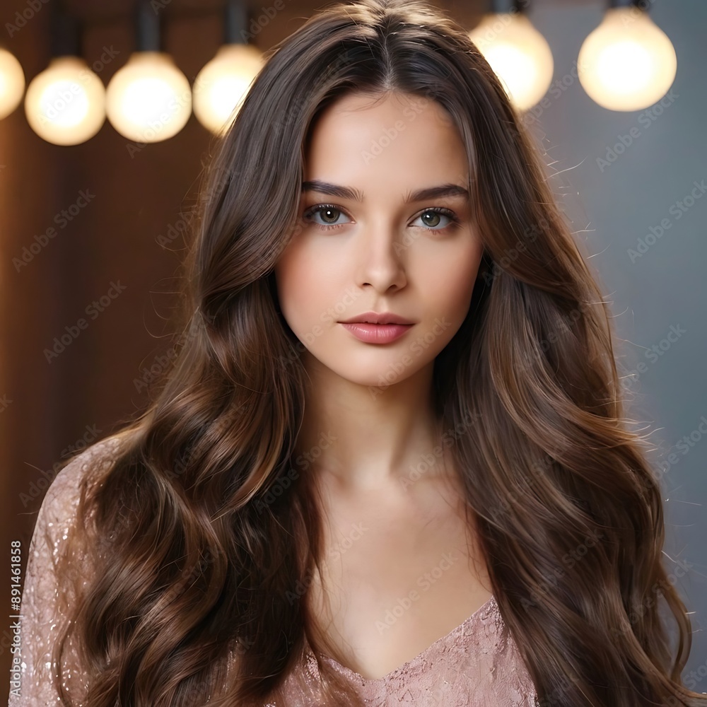 Brunette girl with long and shiny wavy hair . Beautiful model with straight hairstyle . Brunette girl with long and shiny wavy hair . Beautiful model with straight hairstyle .