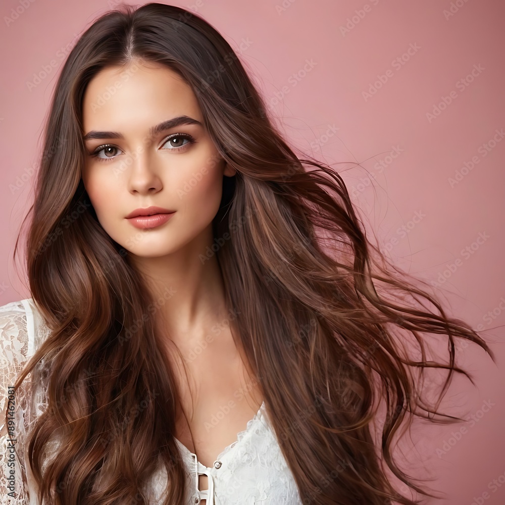 Brunette girl with long and shiny wavy hair . Beautiful model with straight hairstyle . Brunette girl with long and shiny wavy hair . Beautiful model with straight hairstyle .