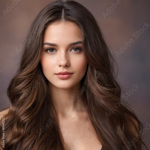 Brunette girl with long and shiny wavy hair . Beautiful model with straight hairstyle .