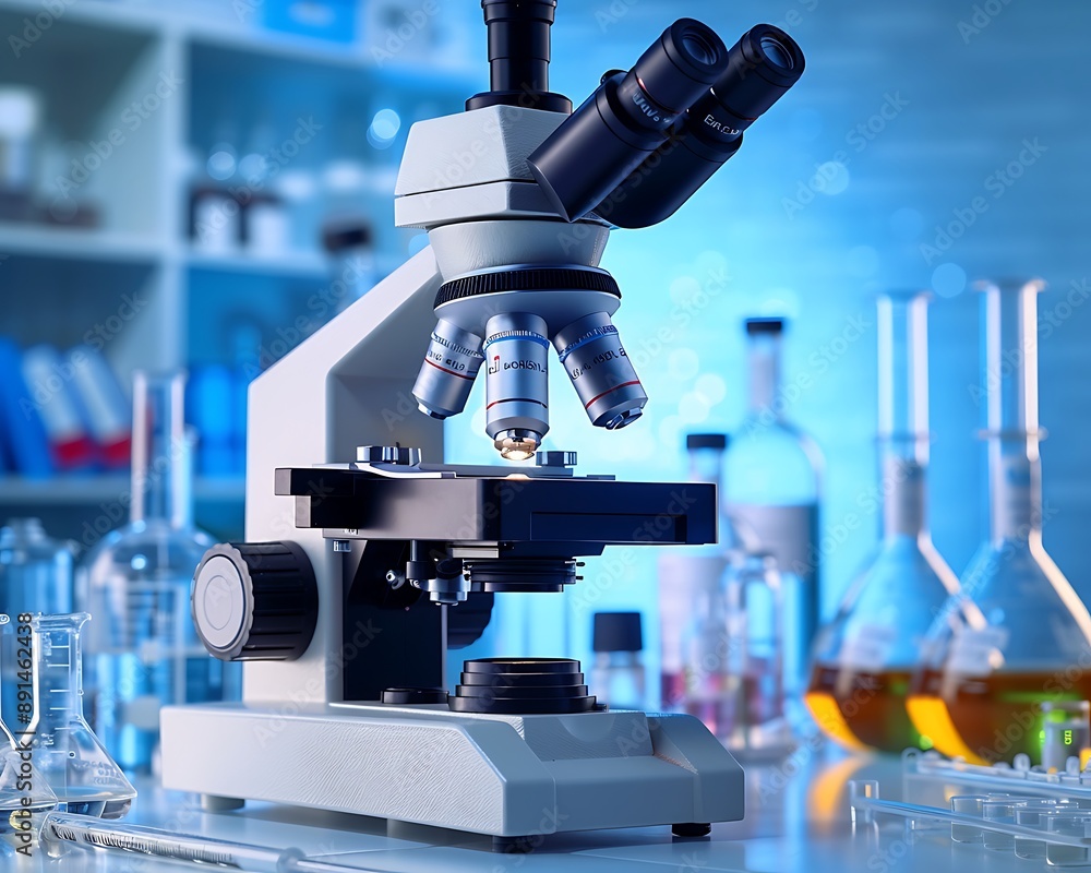 Close-up of a microscope in use by a medical researcher, with various chemical flasks and experimental setups visible in the background, capturing a moment of discovery, Close-up of a microscope in use by a medical researcher, with various chemical flasks and experimental setups visible in the background, capturing a moment of discovery,