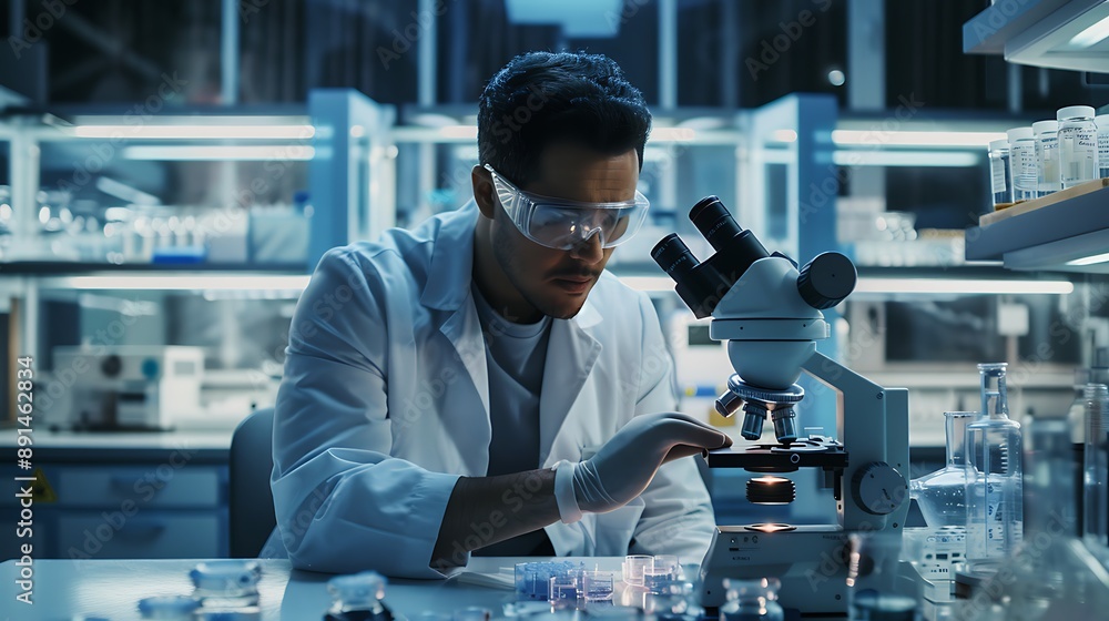Close-up of a researcher using a microscope in a sophisticated laboratory, surrounded by advanced scientific equipment and samples, Close-up of a researcher using a microscope in a sophisticated laboratory, surrounded by advanced scientific equipment and samples,