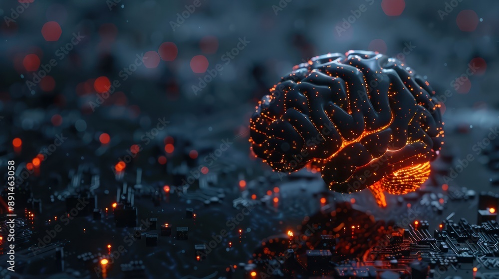 Big data and artificial intelligence concept. Human brain glowing from ...
