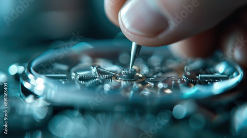 A detailed close-up of a watch's inner mechanism, with a person's hand using a tool to repair it, capturing the precision and intricacy of watchmaking craftsmanship. photo