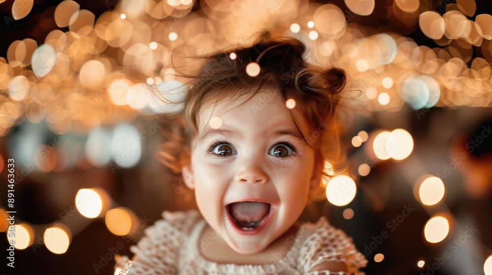 A child with an expression of excitement and wonder, surrounded by twinkling lights in a festive setting, capturing the magic, joy, and enchantment of special celebrations.