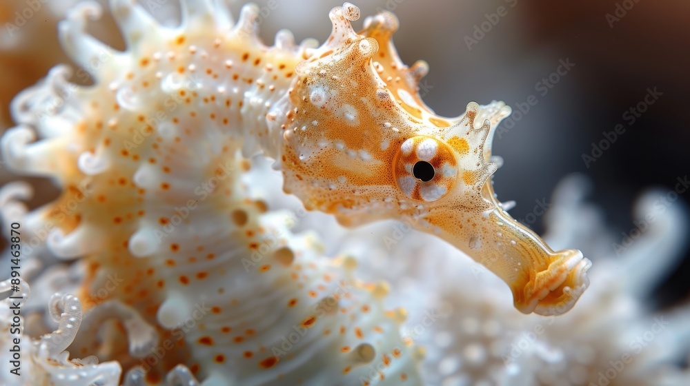 A detailed close-up of a vibrant and intricately patterned seahorse showcasing its natural beauty and unique features against a soft-focus underwater background. A detailed close-up of a vibrant and intricately patterned seahorse showcasing its natural beauty and unique features against a soft-focus underwater background.