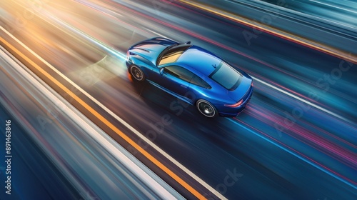 car driving in motion, blue car on high speed . Blue car rushing along a high-speed highway.banner