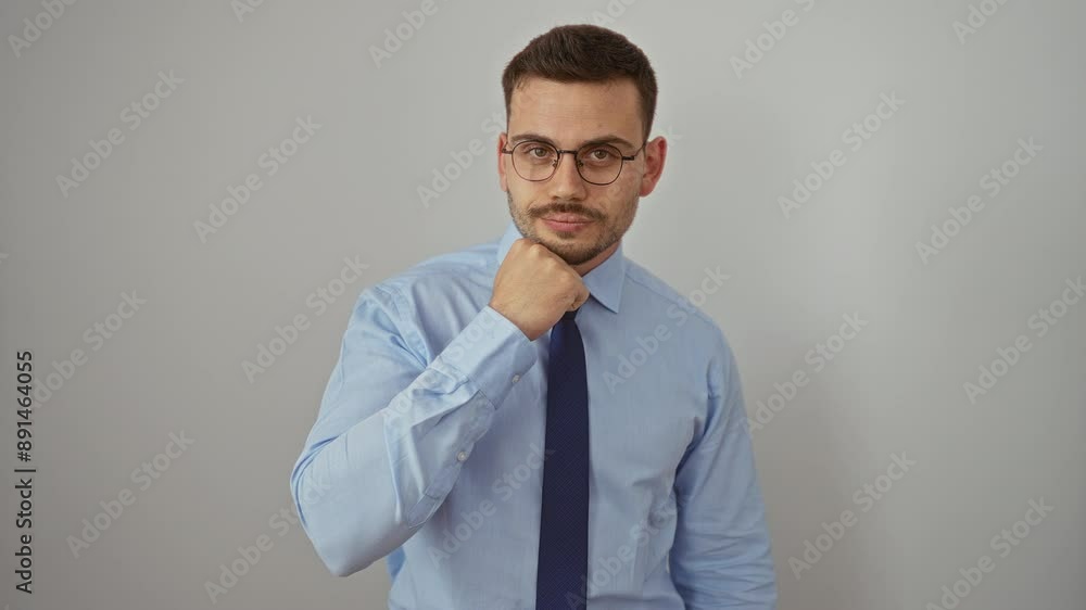 Man in shirt and tie with happy face, young hispanic guy pointing one finger with idea question over isolated white background Man in shirt and tie with happy face, young hispanic guy pointing one finger with idea question over isolated white background