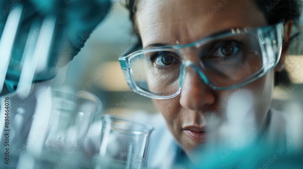 A scientist attentively examines glassware filled with a solution through safety goggles, reflecting the careful scrutiny and methodical approach essential in scientific practice. A scientist attentively examines glassware filled with a solution through safety goggles, reflecting the careful scrutiny and methodical approach essential in scientific practice.