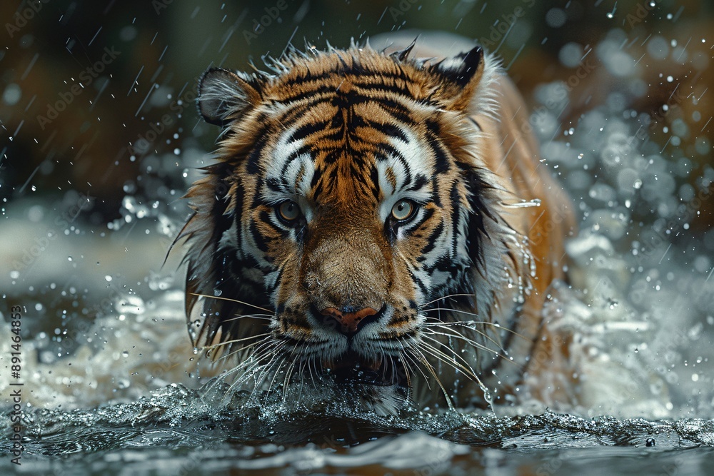 White siberian tiger runs on water, in forest. Dangerous animal. Animal in a green forest stream. White siberian tiger runs on water, in forest. Dangerous animal. Animal in a green forest stream.