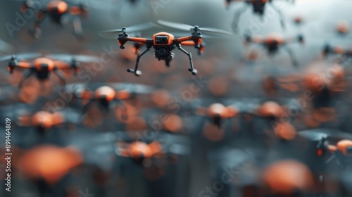 A breathtaking sight of numerous drones in a coordinated swarm formation, flying outdoors, demonstrating innovative technology, synchronization, and automated systems. photo