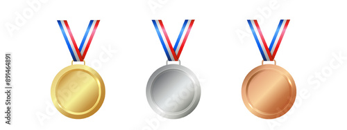 Gold, silver, and bronze medals with striped ribbons on  transparent background. Concept of achievement and competition