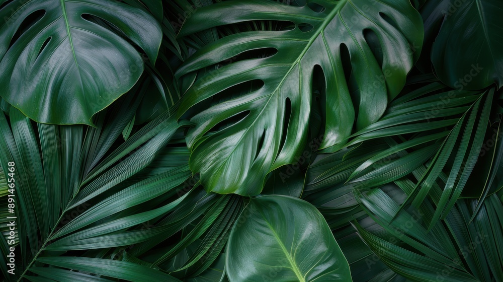 Fototapeta premium This image showcases a collection of lush green tropical leaves, featuring various shapes and sizes, creating a vibrant and exotic atmosphere suitable for nature enthusiasts.