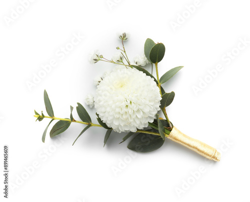 One small stylish boutonniere isolated on white, top view photo