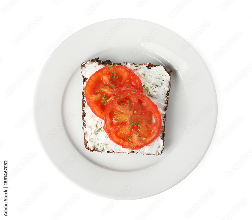Delicious ricotta bruschetta with sliced tomatoes and dill isolated on white, top view Delicious ricotta bruschetta with sliced tomatoes and dill isolated on white, top view